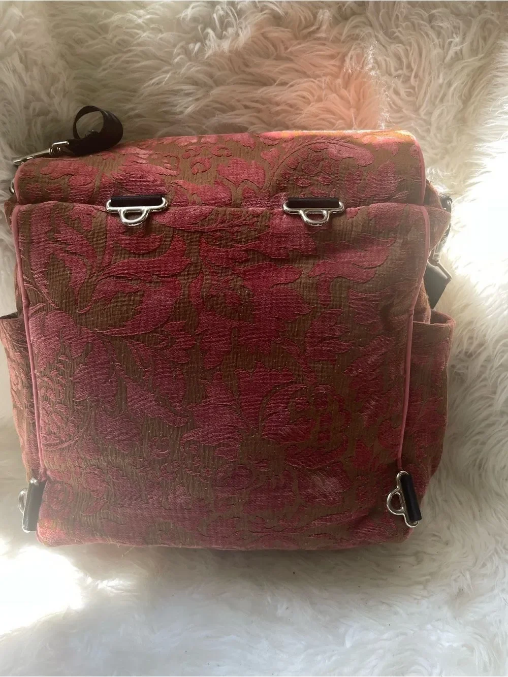 Petunia Pickle Bottom Pink Floral Jacquard Messenger Diaper Bag with Black Strap